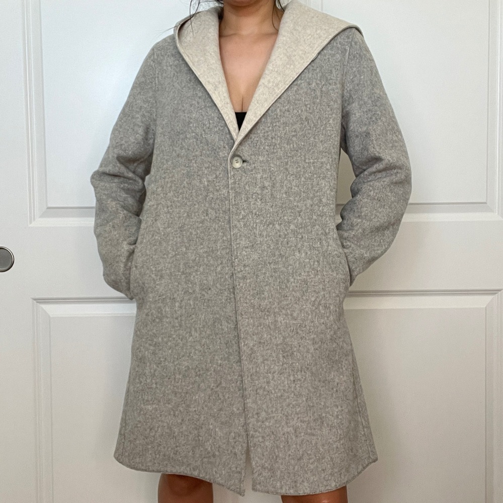 UNIQLO Grey Hooded Wool Blend Coat XS Single‎ Button Minimalist